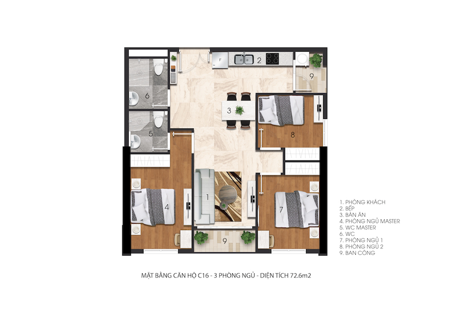 Mặt bằng căn 3 phòng ngủ C16 Citrine Apartment, 72,6 m²
