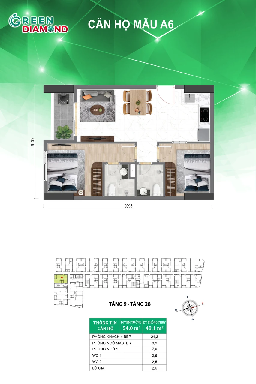 Thiết kế căn hộ mẫu A6 tại Green Diamond.