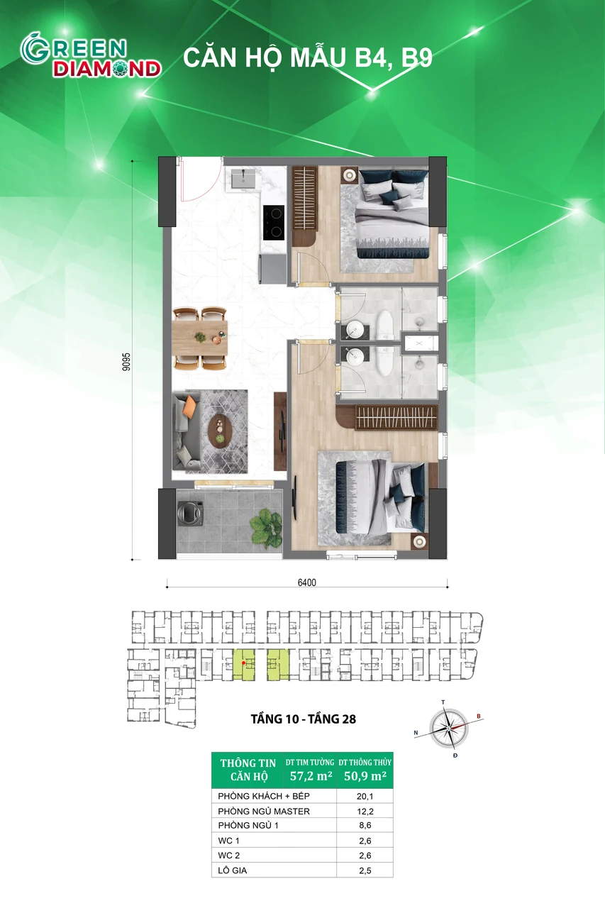 Thiết kế căn hộ mẫu B4, B9 tại Green Diamond.