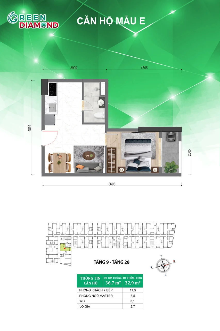 Thiết kế căn hộ mẫu E tại Green Diamond.