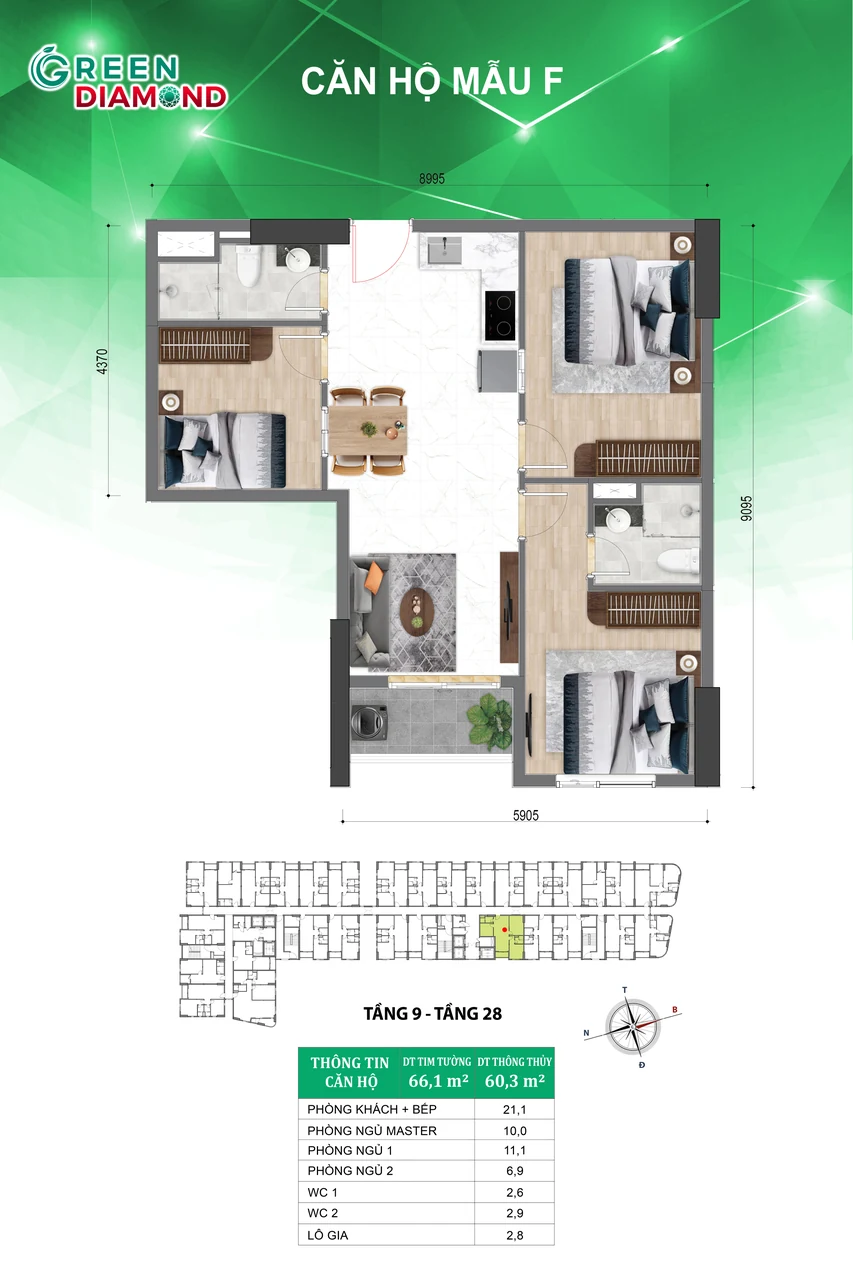 Thiết kế căn hộ mẫu F tại Green Diamond.