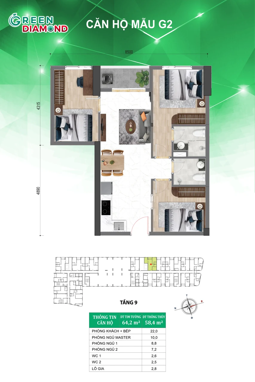 Thiết kế căn hộ mẫu G2 tại Green Diamond.