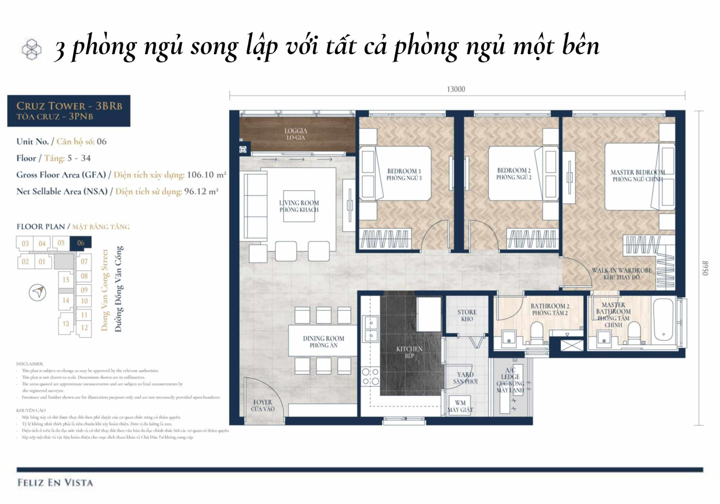 Mặt bằng căn hộ 3 phòng ngủ song lập tháp Cruz Feliz en Vista