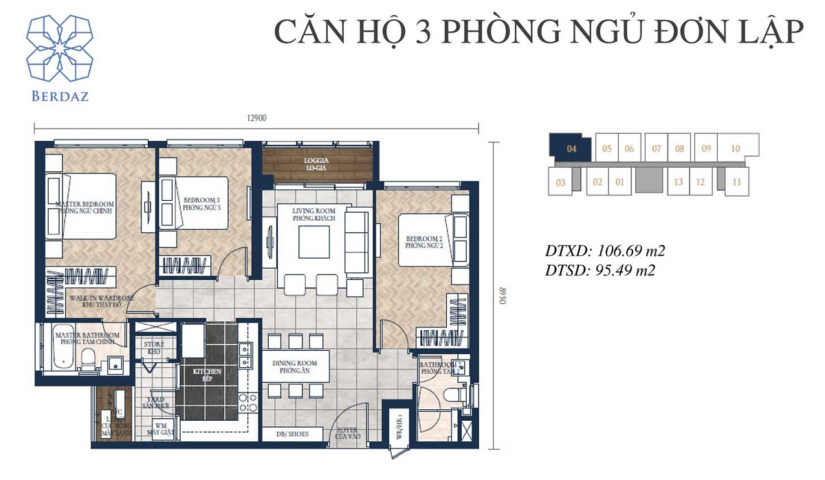 Mặt bằng căn hộ 3 phòng ngủ tháp Berdaz Feliz en Vista