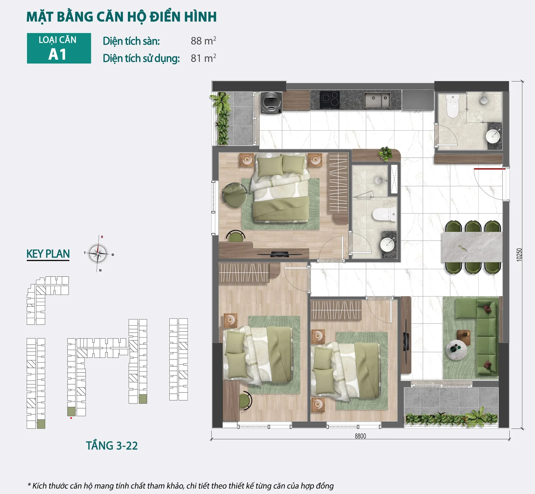 Mặt bằng tham khảo căn hộ loại A1 tại Bcons Central Park, thể hiện bố trí không gian các phòng