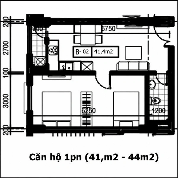 Mặt bằng căn hộ B-02 diện tích 41,4 m² Chương Dương Home