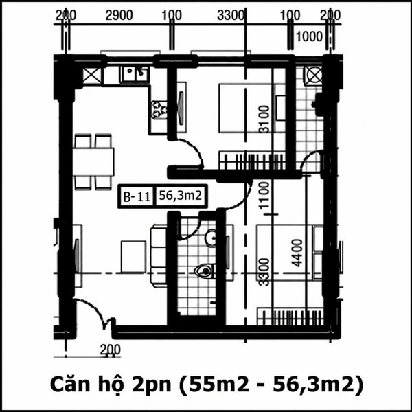 Mặt bằng căn hộ B-11 diện tích 56,3 m² Chương Dương Home