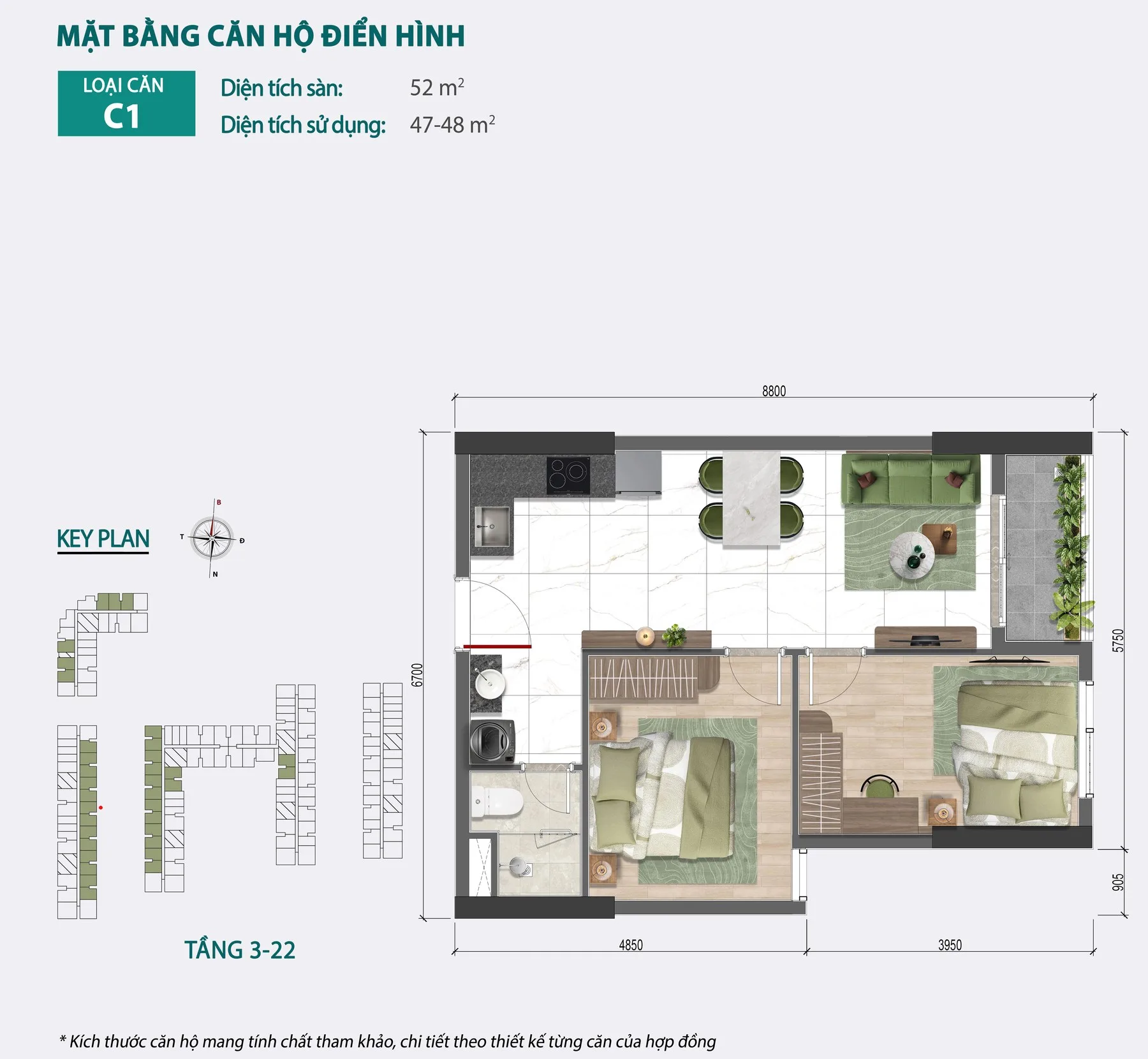 Mặt bằng tham khảo căn hộ loại C1 tại Bcons Central Park, thể hiện bố trí không gian các phòng