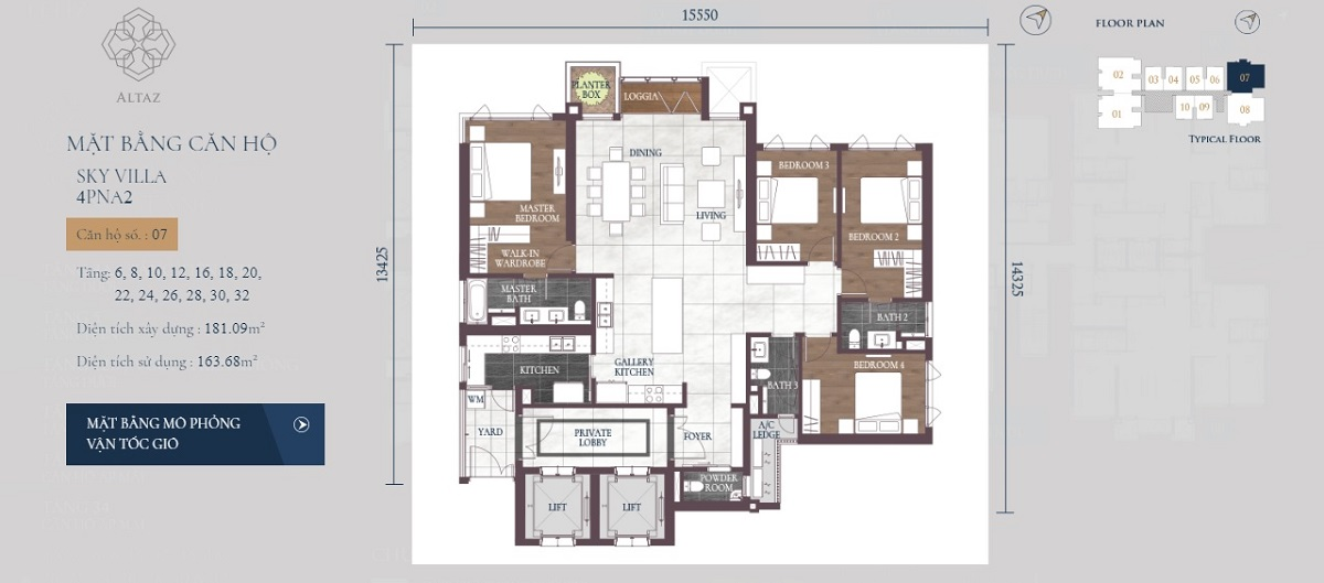 Mặt bằng căn hộ Sky Villa 4 phòng ngủ tháp Altaz Feliz en Vista