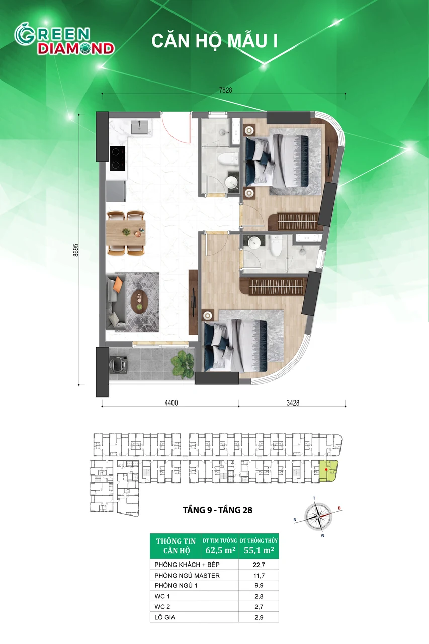 Thiết kế căn hộ mẫu I tại Green Diamond.
