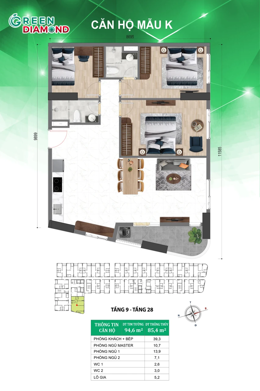 Thiết kế căn hộ mẫu K tại Green Diamond.