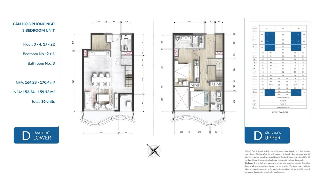 Bản vẽ căn Crystal Duplex Waterina Suites, tầng dưới và tầng trên, ghi Bedroom No. 2+1.