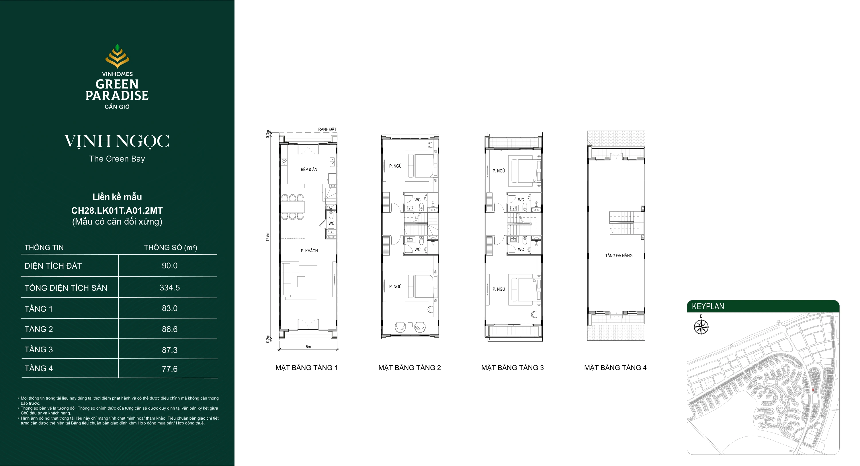 Thiết kế Vinhomes Green Paradise: đọc mặt bằng nhà ở 9 Mặt bằng mẫu CH28.LK01T.A01.2MT tại Vịnh Ngọc, gồm 4 tầng, tổng diện tích sàn 334,5 m², diện tích đất 90 m².