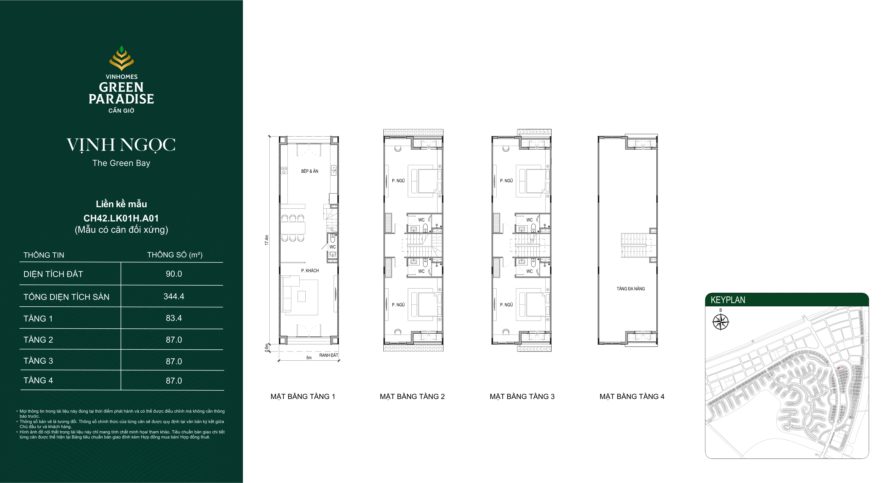 So sánh nhà ở Vinhomes Green Paradise theo nhu cầu 8 Mặt bằng mẫu CH42.LK01H.A01 tại Vịnh Ngọc, gồm 4 tầng, tổng diện tích sàn 344,4 m², diện tích đất 90 m².