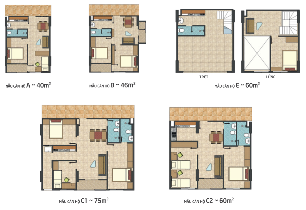 Mặt bằng năm mẫu căn A, B, E, C1 và C2 EHomeS Phú Hữu