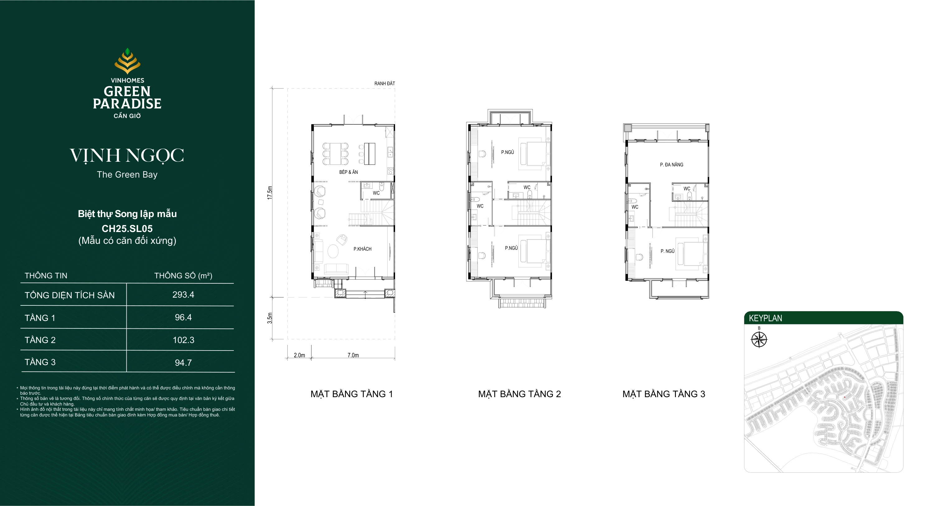 Nhà Vinhomes Green Paradise cho gia đình ba thế hệ: đọc công năng 7 Mặt bằng mẫu CH25.SL05 tại Vịnh Ngọc, gồm 3 tầng, tổng diện tích sàn 293,4 m².