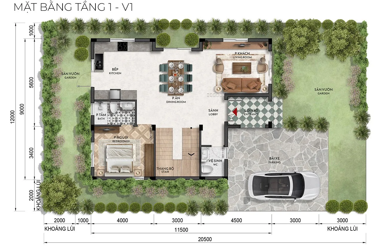 Mặt bằng thiết kế tầng 1 nhà vườn Izumi Canaria, thể hiện phòng sinh hoạt, sân vườn và lối xe.
