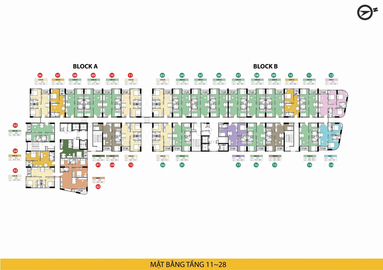 Mặt bằng tầng điển hình 11–28 của hai block Green Diamond.