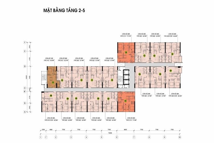 Mặt bằng tầng 2–5 Citrine Apartment với hành lang và vị trí các căn hộ