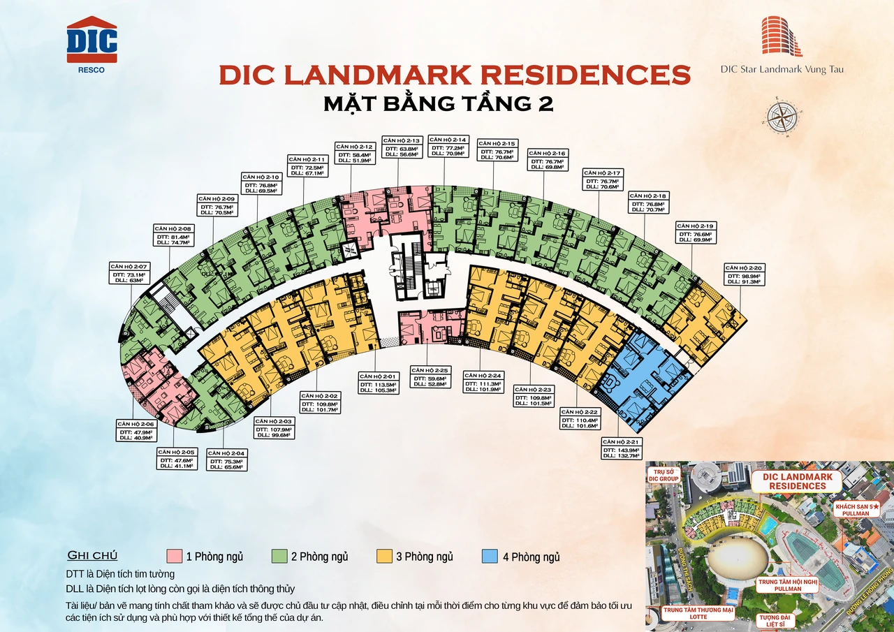Mặt bằng bố trí căn hộ tầng 2 của DIC Landmark Residence