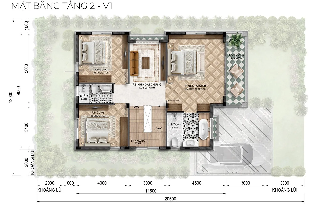 Mặt bằng thiết kế tầng 2 nhà vườn Izumi Canaria, thể hiện các phòng ngủ và không gian sinh hoạt.