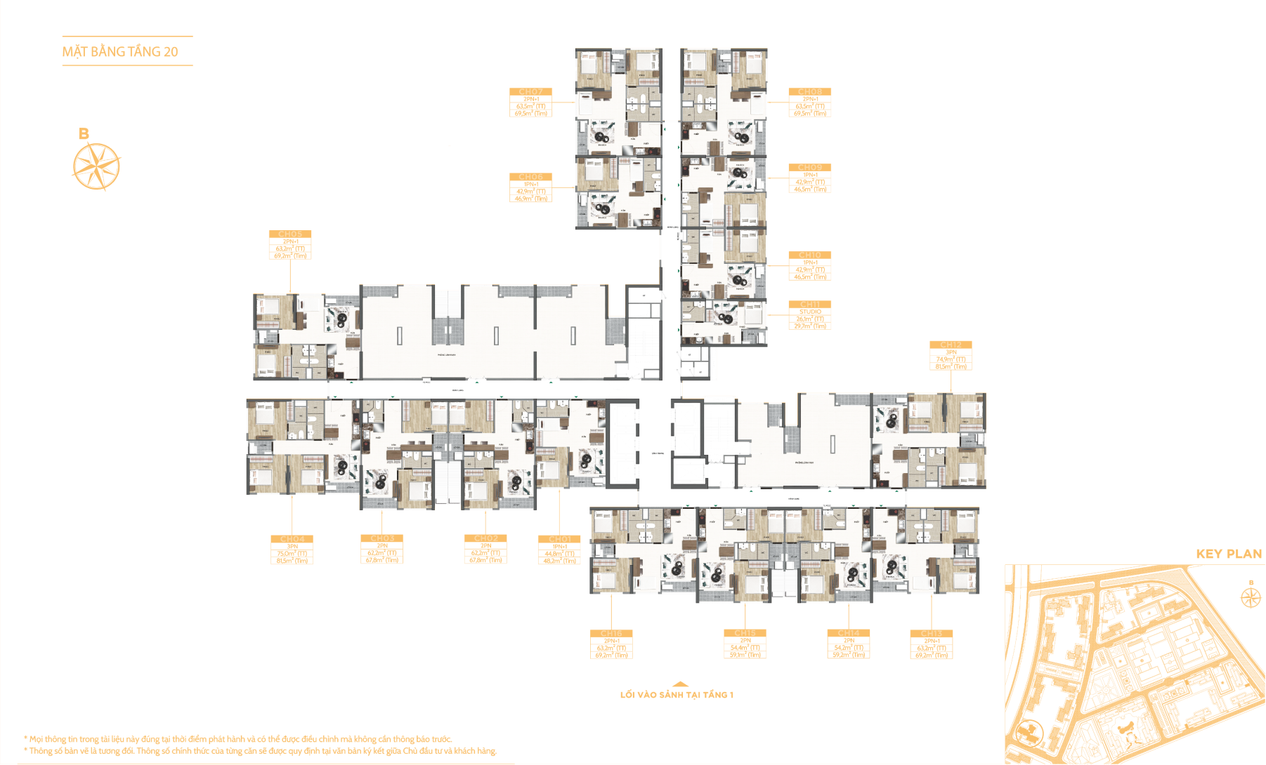 Chọn tầng căn hộ Vinhomes Grand Park: hướng và tầm nhìn 1 Mặt bằng tầng 20 tòa GH2 Glory Heights để đối chiếu khi chọn tầng và vị trí căn