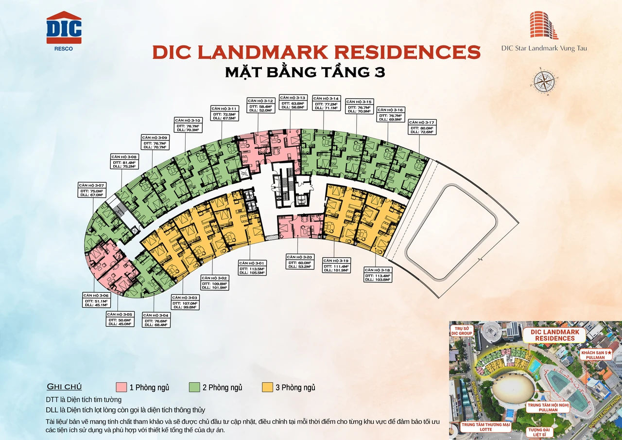 Mặt bằng bố trí căn hộ tầng 3 của DIC Landmark Residence
