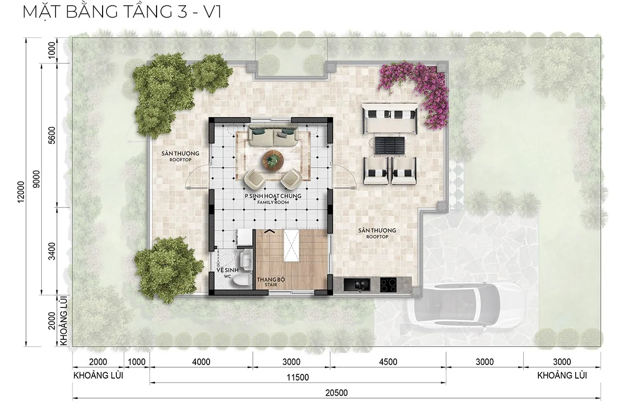 Mặt bằng thiết kế tầng 3 nhà vườn Izumi Canaria với không gian chức năng và sân thượng.
