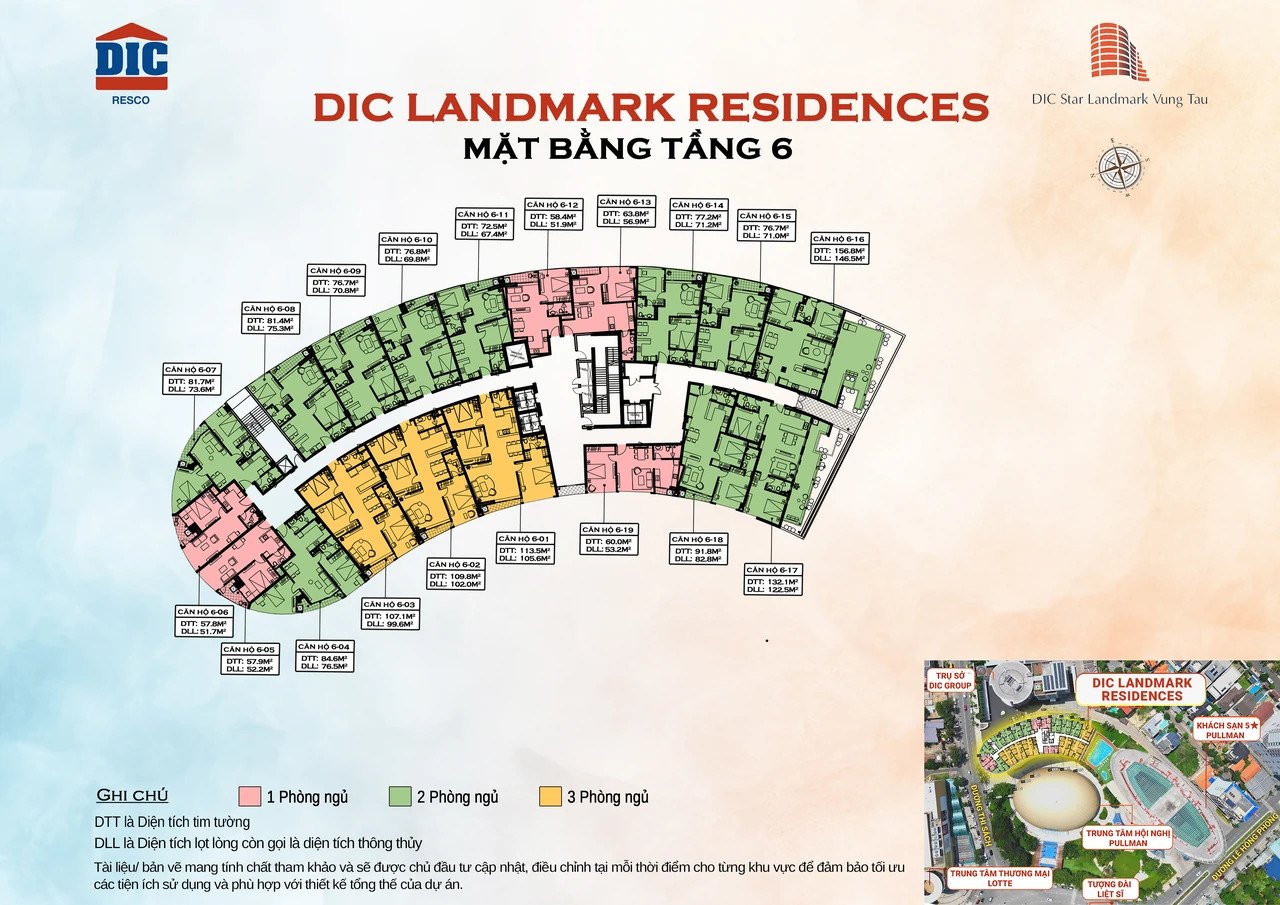 Mặt bằng bố trí căn hộ tầng 6 của DIC Landmark Residence