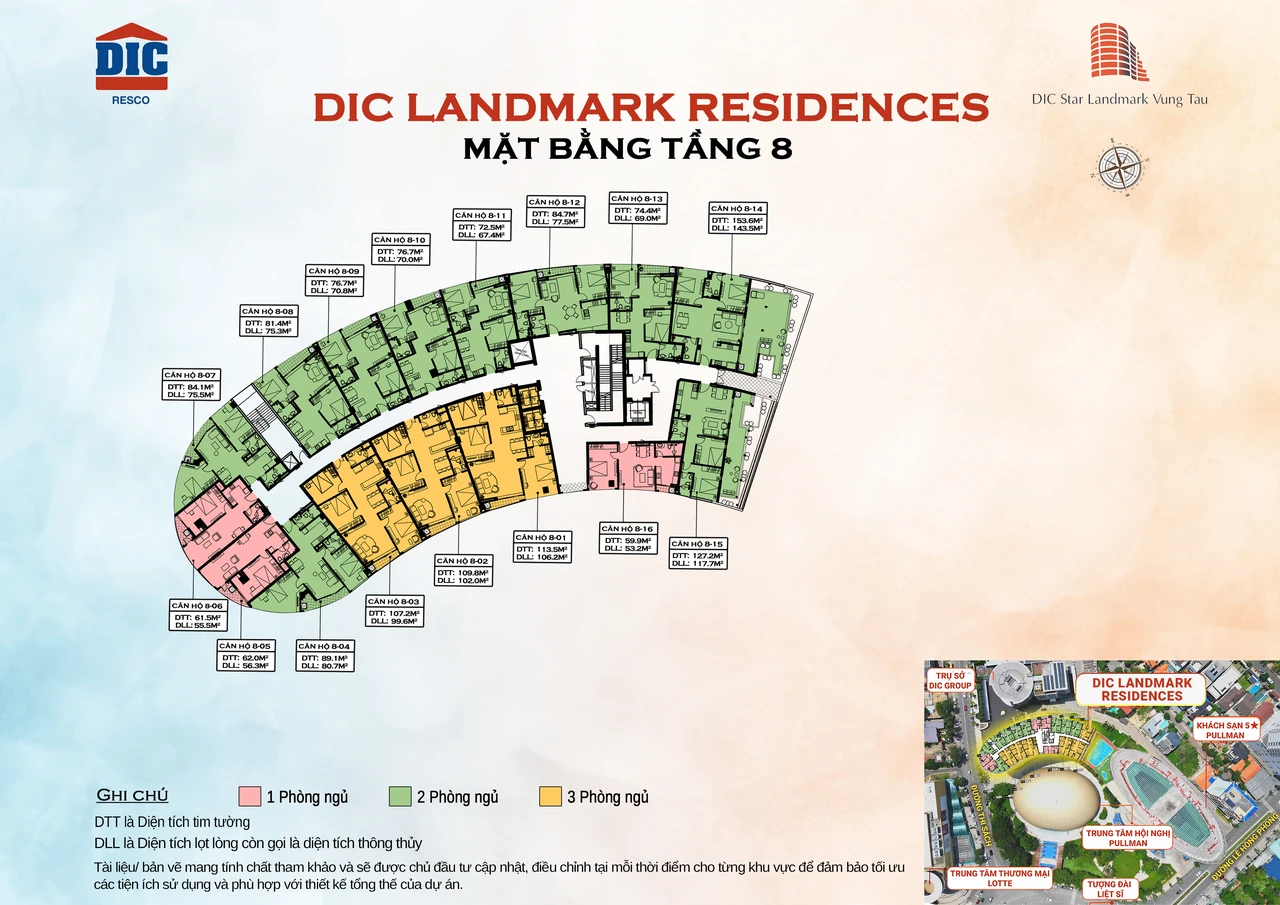 Mặt bằng bố trí căn hộ tầng 8 của DIC Landmark Residence