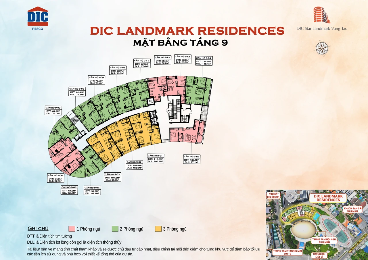 Mặt bằng bố trí căn hộ tầng 9 của DIC Landmark Residence