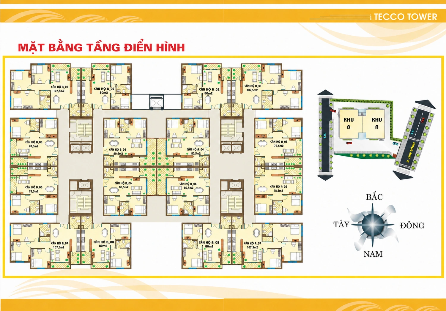 Mặt bằng tầng điển hình hai khối Tecco Tower Linh Đông