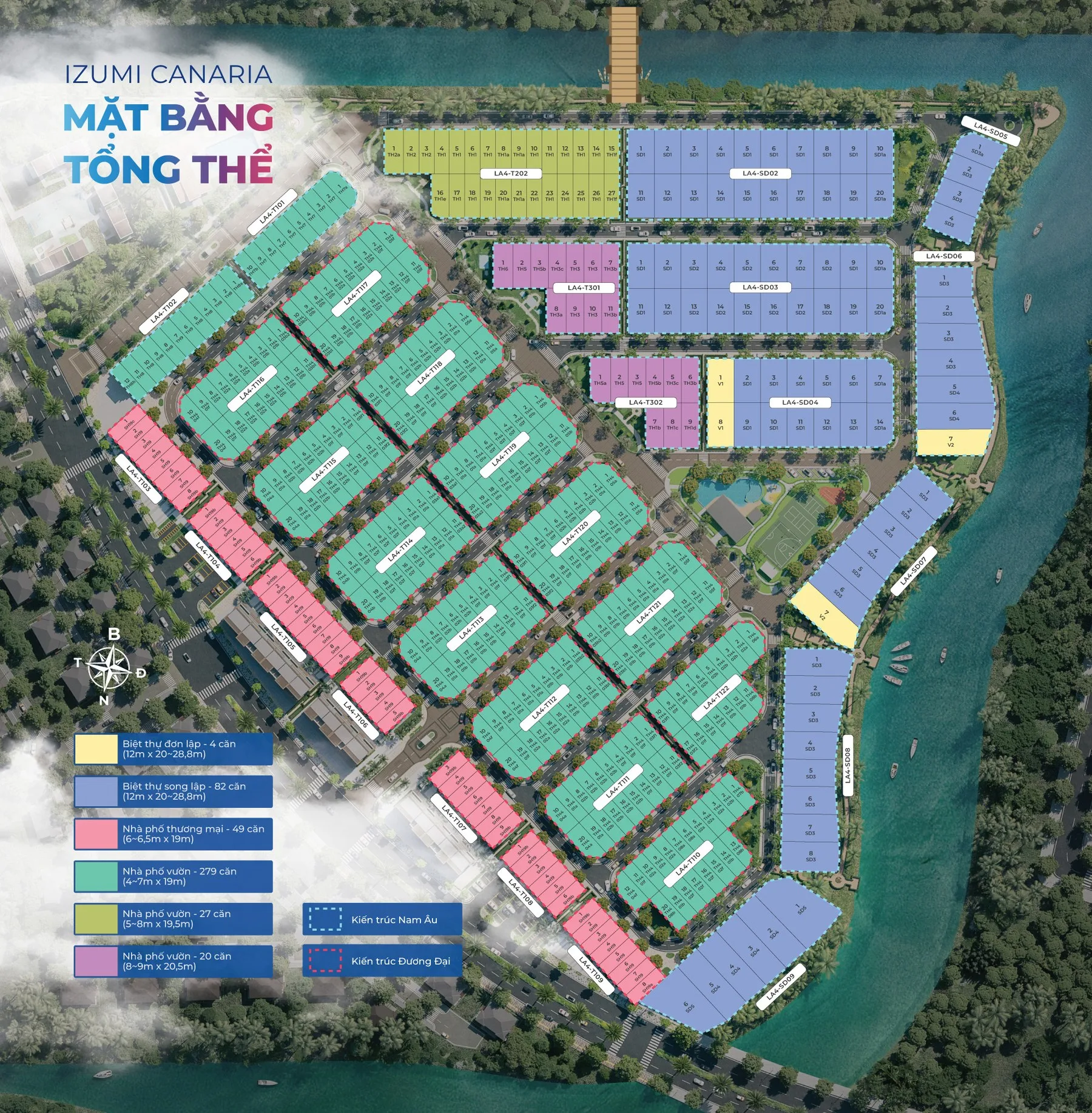 Mặt bằng tổng thể phân khu Izumi Canaria trong đô thị Izumi City, thể hiện các dãy nhà thấp tầng, đường nội khu và khu vực giáp sông.