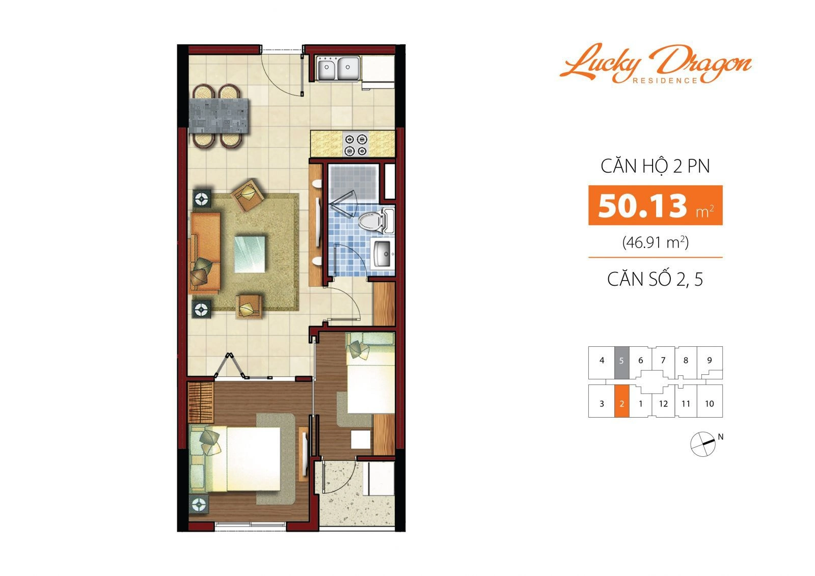 Mẫu căn hộ Lucky Dragon 50,13 m²