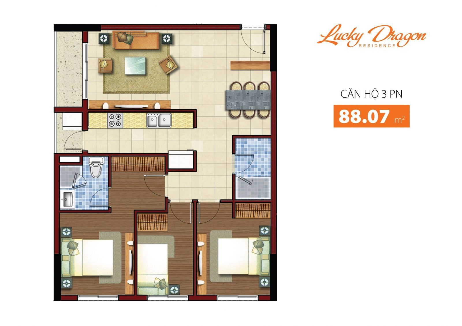 Mẫu căn hộ Lucky Dragon 88,07 m²