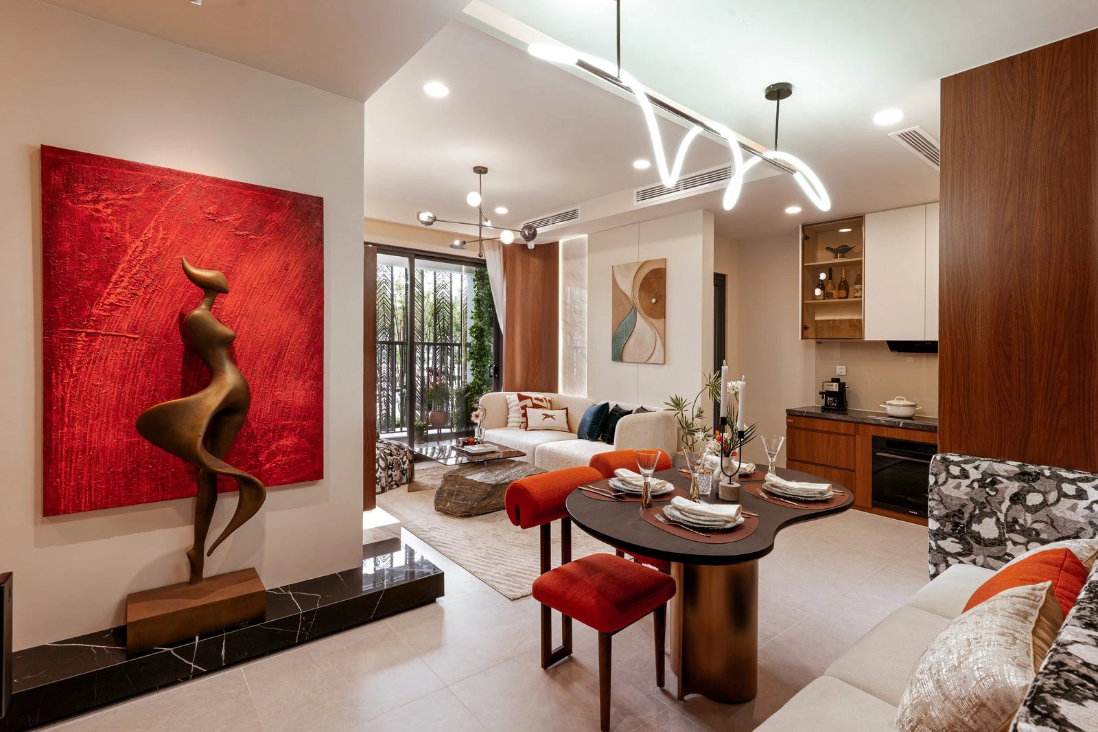Phòng khách nhà mẫu căn hộ 2 phòng ngủ Serena Riverside