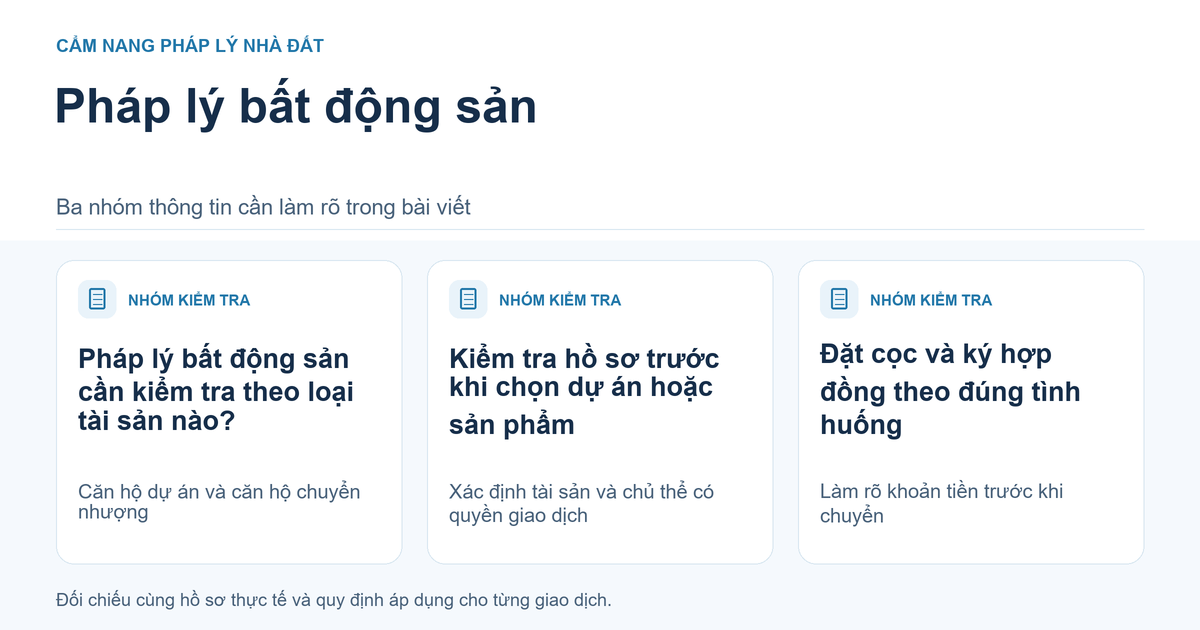 Đồ họa ba nhóm kiểm tra pháp lý: loại tài sản, hồ sơ dự án và thỏa thuận đặt cọc.