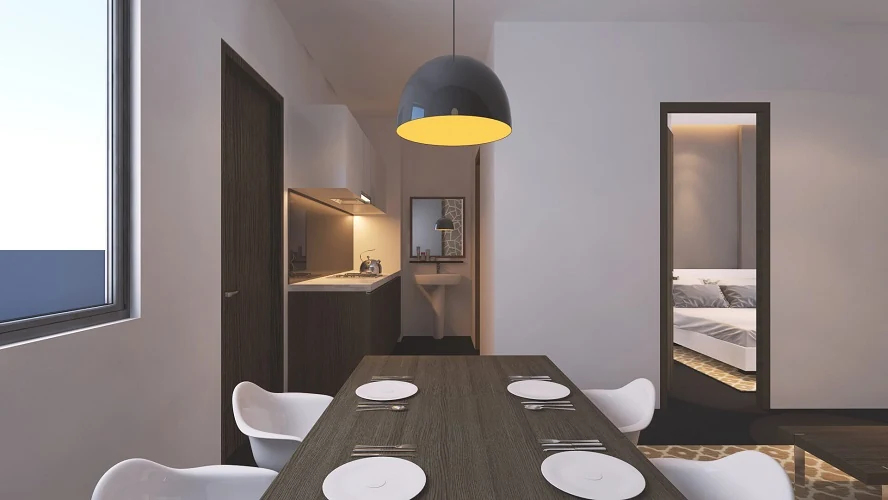Phối cảnh bàn ăn và khu bếp căn hộ mẫu EHomeS Phú Hữu