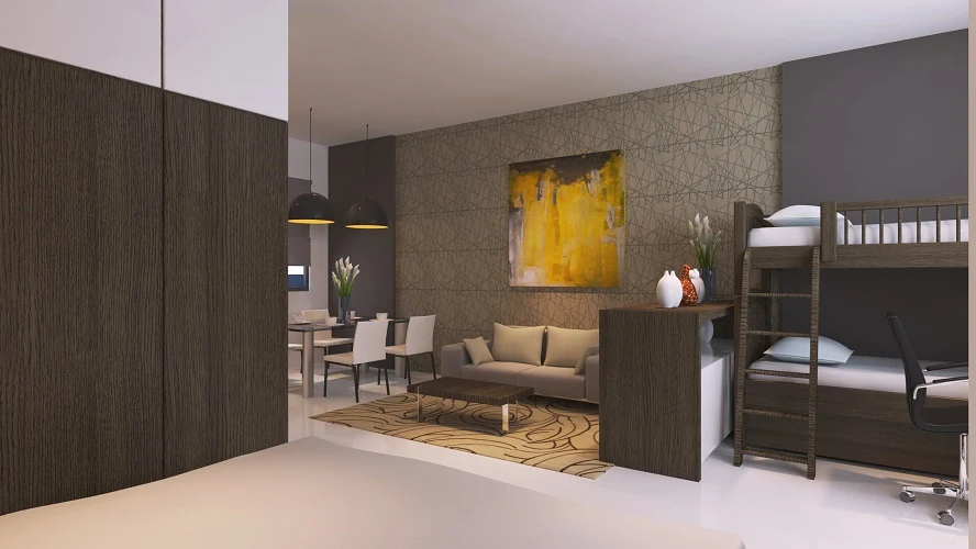 Phối cảnh bố trí giường tầng bên không gian sinh hoạt EHomeS Phú Hữu