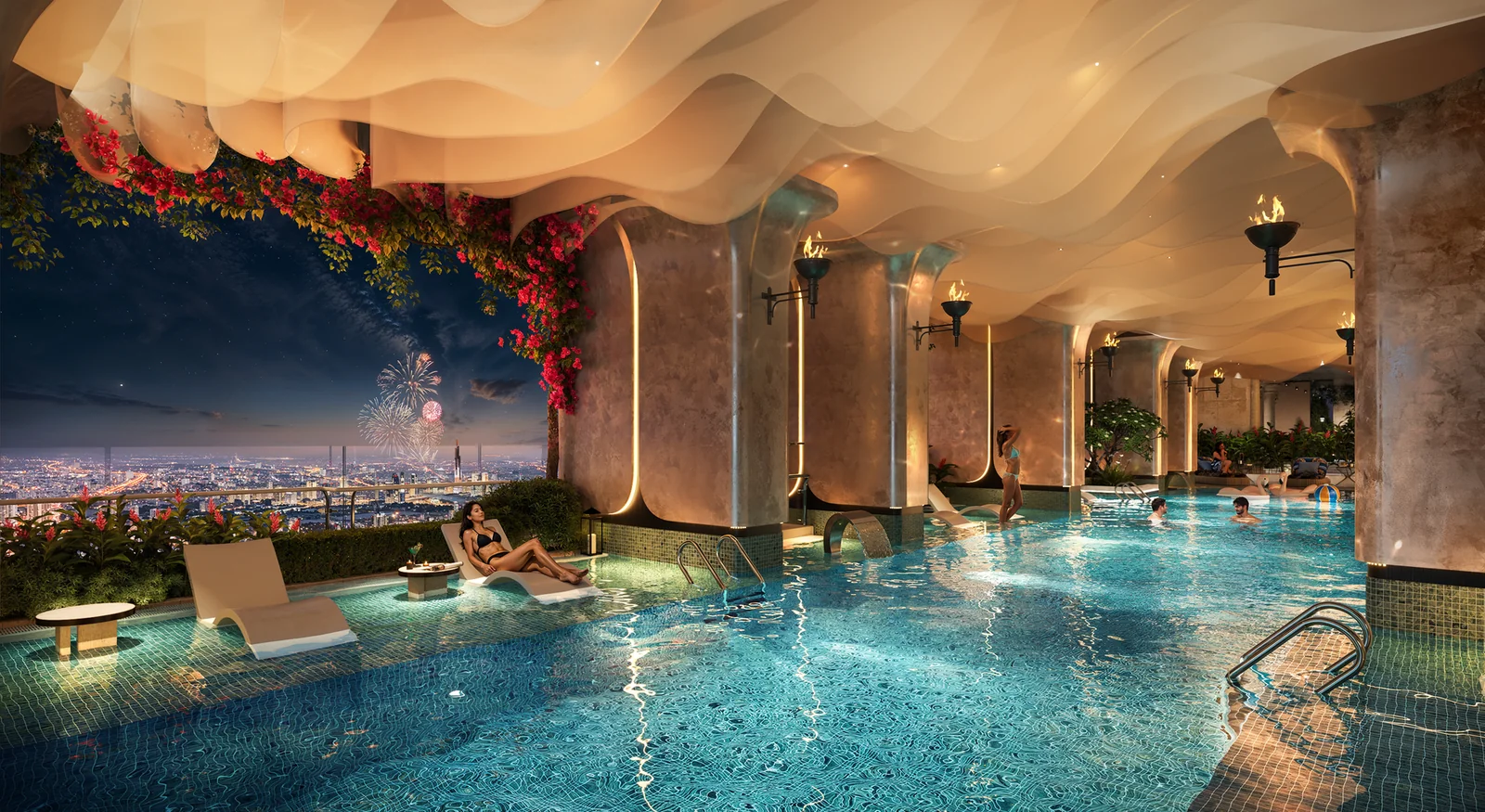Phối cảnh hồ bơi vô cực thuộc nhóm tiện ích tầng 21 Khải Hoàn Imperial.