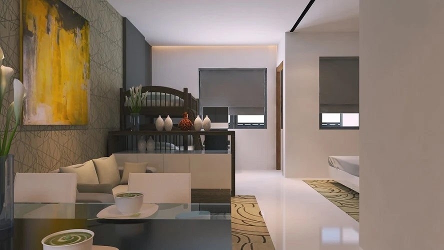 Phối cảnh phòng khách và vách ngăn góc nghỉ EHomeS Phú Hữu