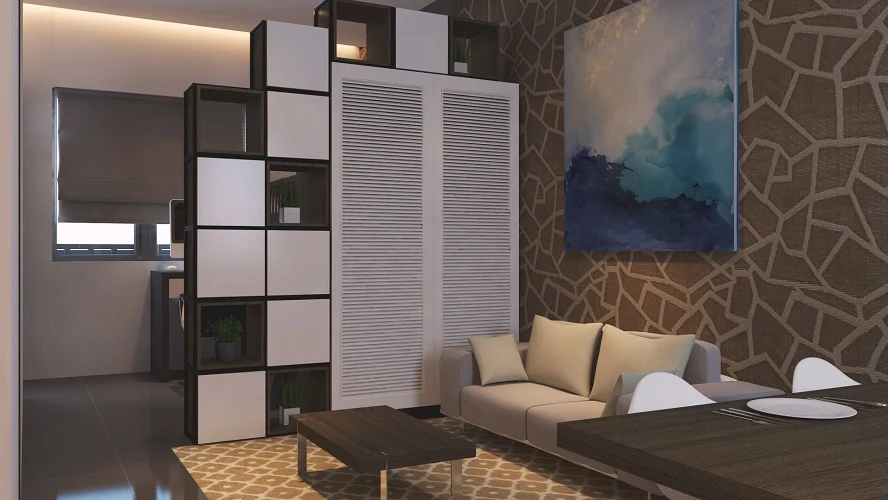 Phối cảnh sofa và hệ tủ ngăn không gian EHomeS Phú Hữu