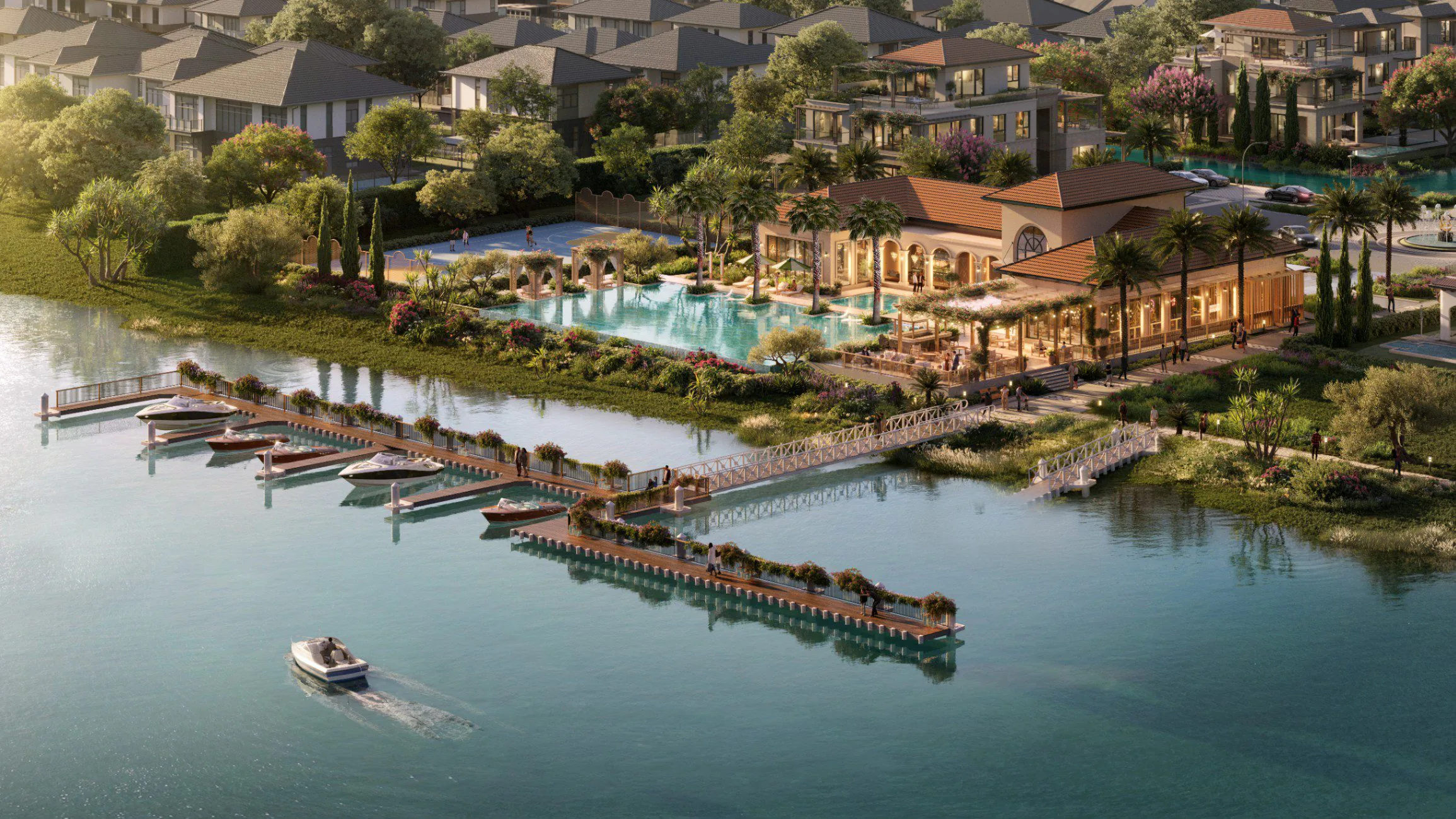 Phối cảnh Sunset Clubhouse và bến thuyền bên sông tại The Pearl