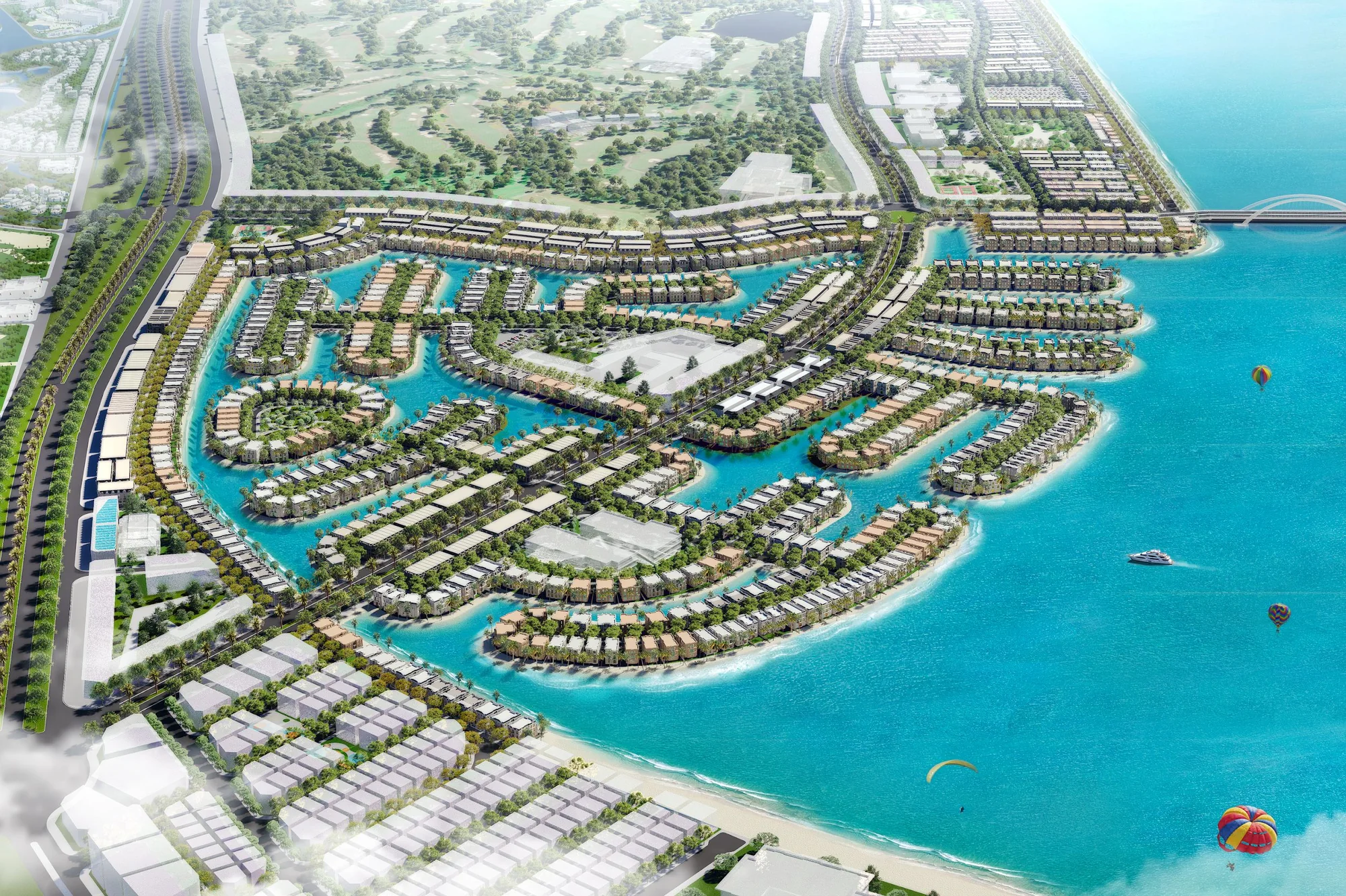 Giá bán Vinhomes Green Paradise: ngân sách theo từng sản phẩm 12 Phối cảnh phân khu Vịnh Tiên với các dãy nhà thấp tầng và mặt nước tại Vinhomes Green Paradise.