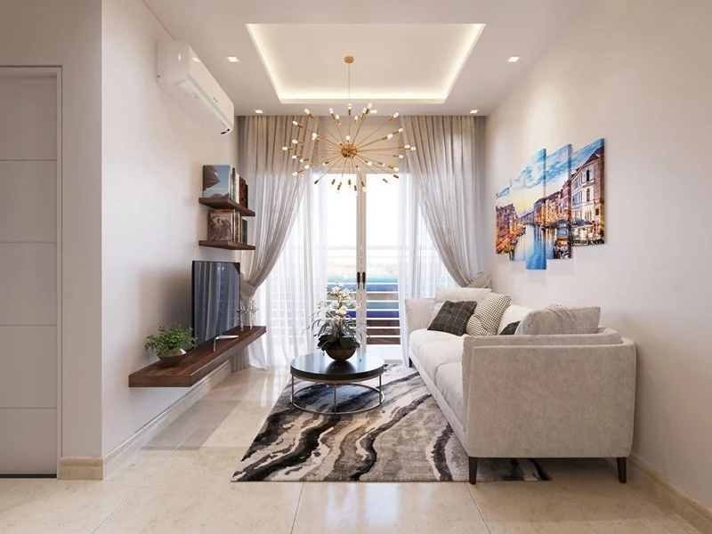 Phòng khách căn hộ mẫu Citrine Apartment với sofa và cửa ra ban công