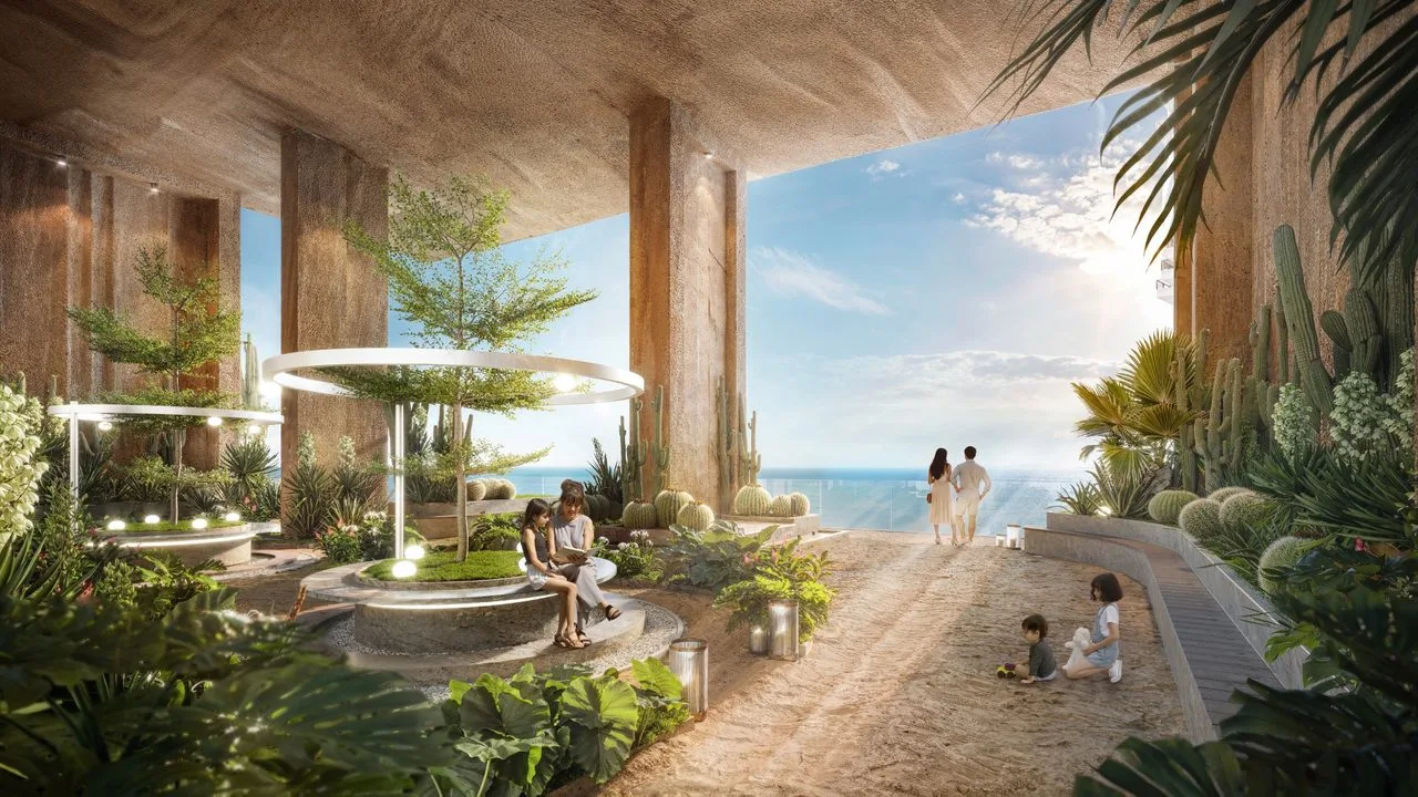 Phối cảnh vườn cảnh quan và lối dạo ven biển tại The Seahara Mũi Né