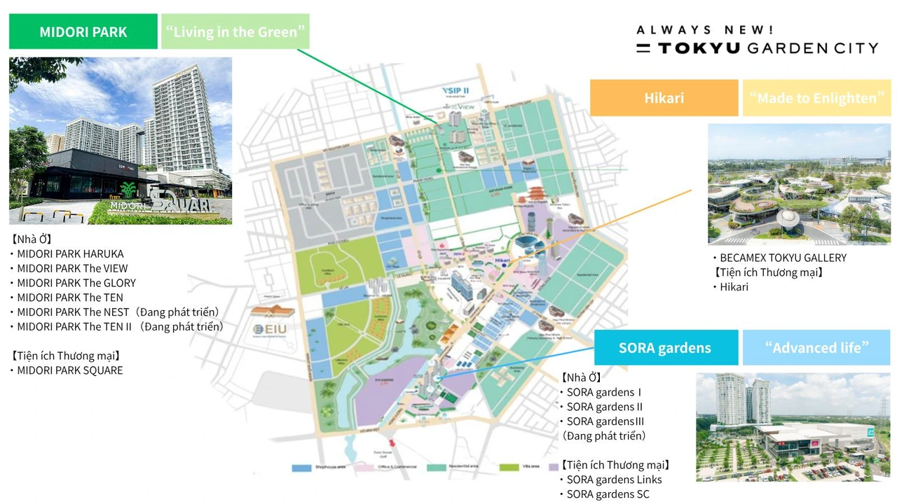 Sơ đồ các khu vực phát triển TOKYU Garden City
