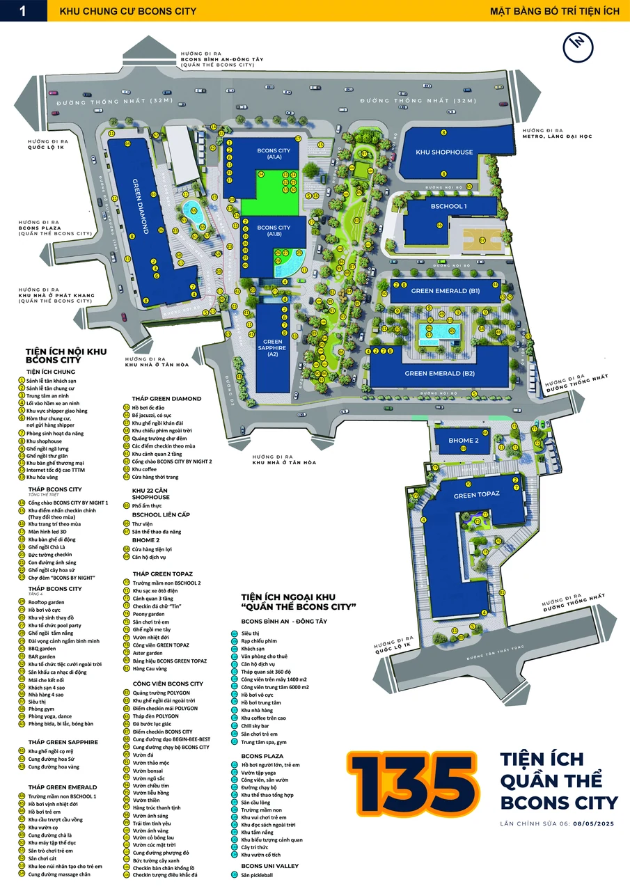 Sơ đồ tiện ích của toàn quần thể Bcons City; phạm vi sử dụng theo từng hạng mục.