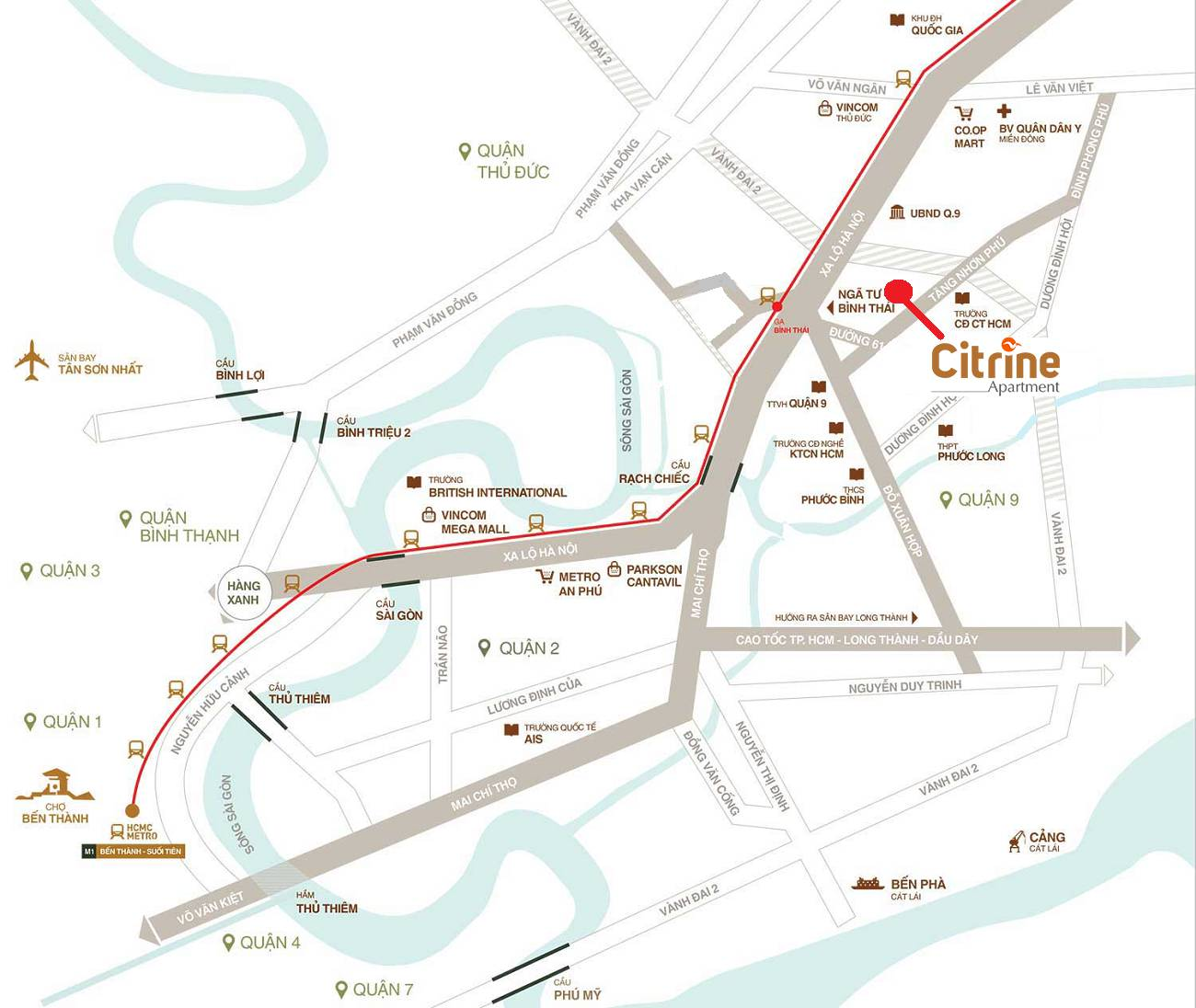 Sơ đồ vị trí Citrine Apartment trên trục Tăng Nhơn Phú