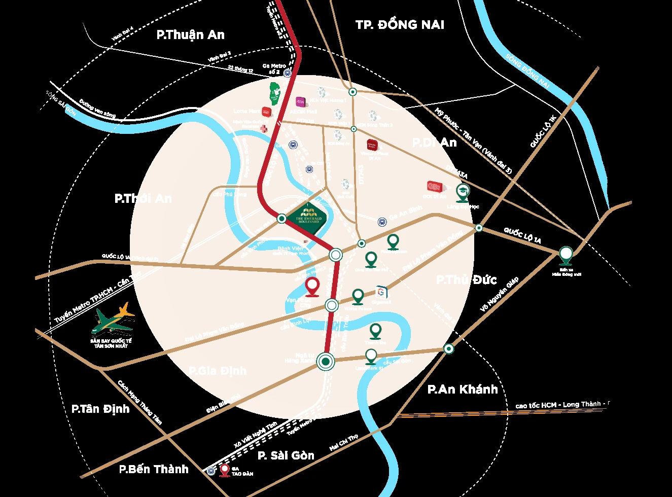 Sơ đồ vị trí The Emerald Boulevard trên Đại lộ Bình Dương và kết nối khu vực